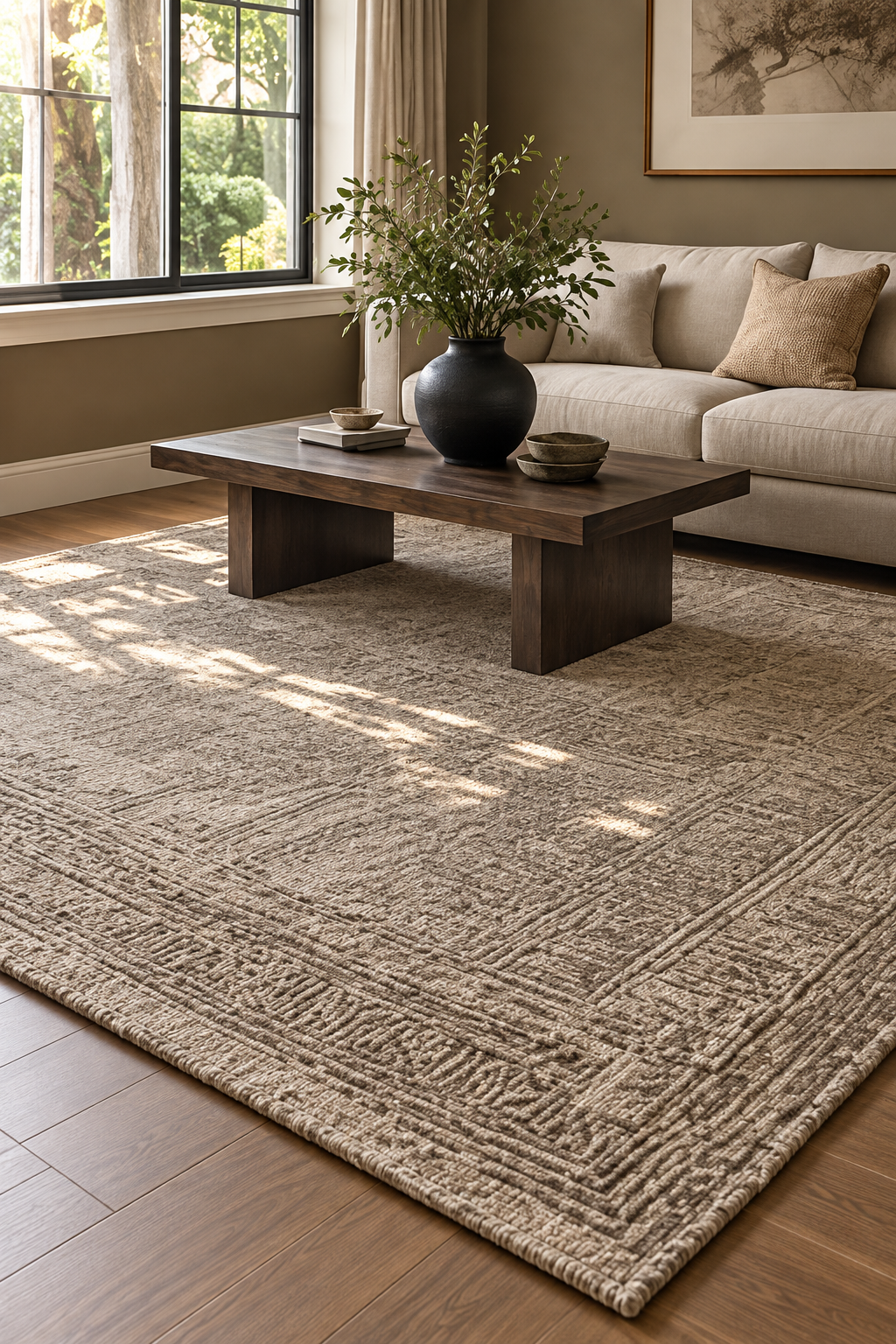 Large neutral rug anchoring a warm living room