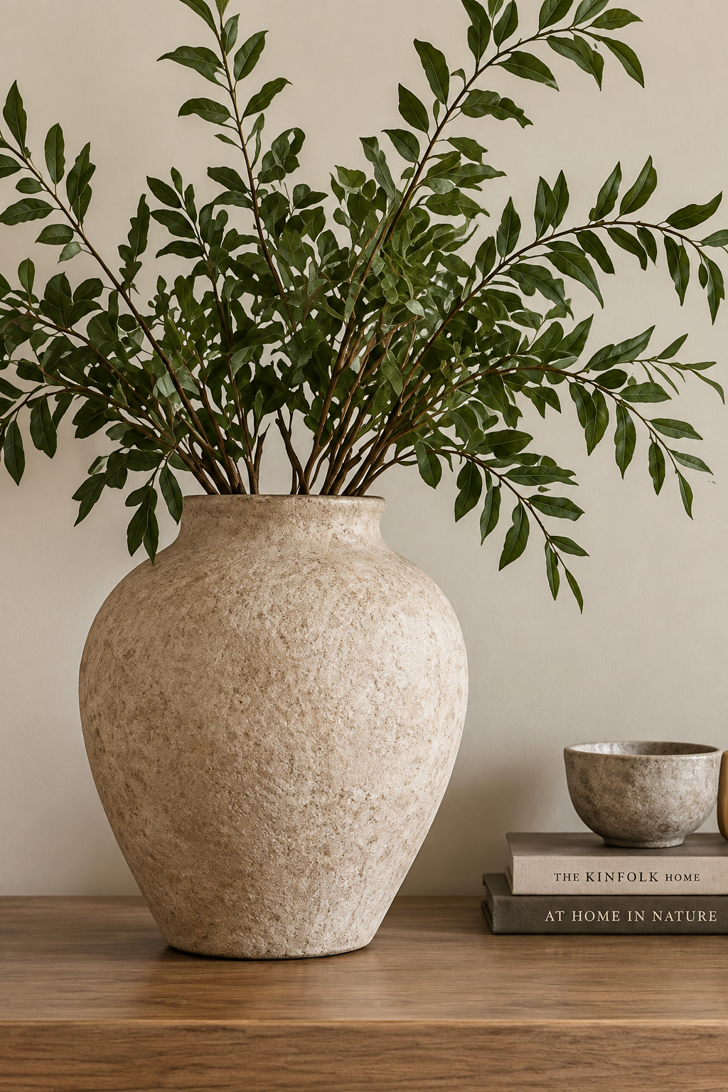 Sculptural stone vase with leafy branches on a wooden console