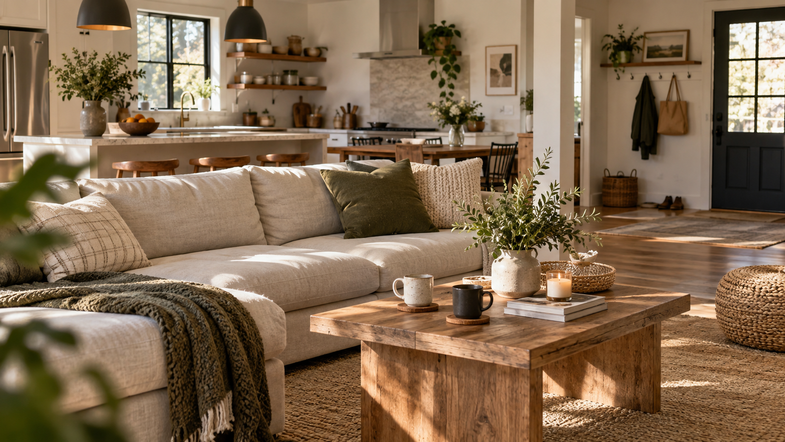 Warm shared living room and kitchen designed for two people with balanced decor and two coffee mugs