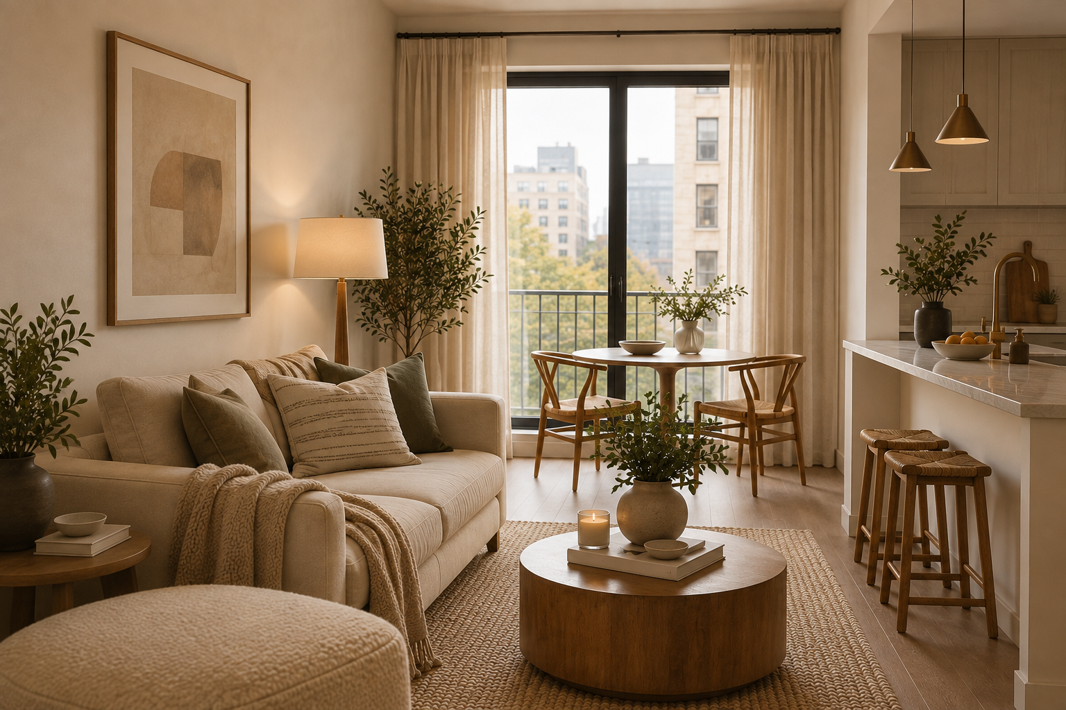Warm, elevated small apartment with a cream sofa, layered lighting, natural textures, and space-saving dining area