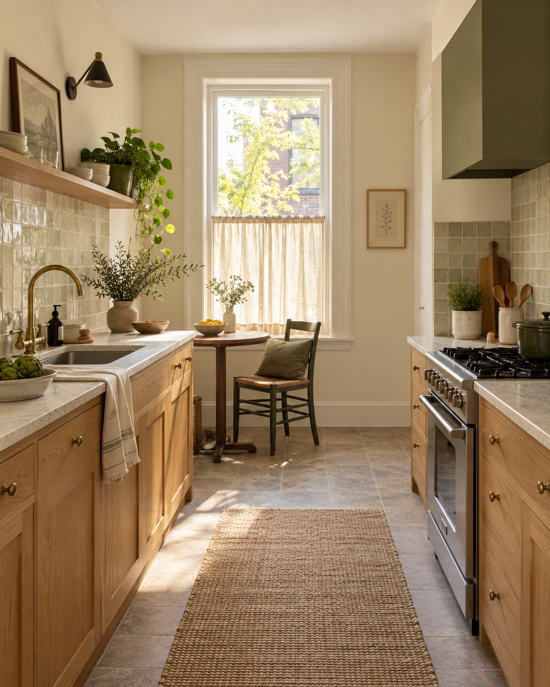 Small kitchen combining painted walls with tile around the sink and stove