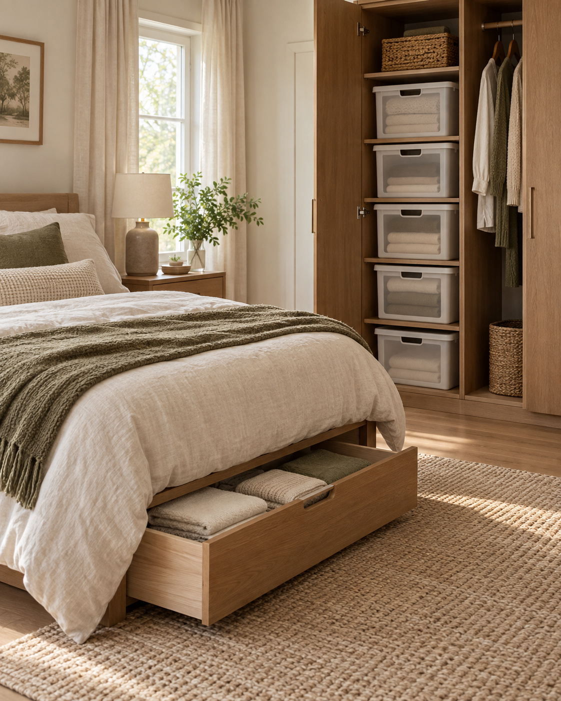 Stackable wardrobe bins and closed under-bed storage for seasonal linens