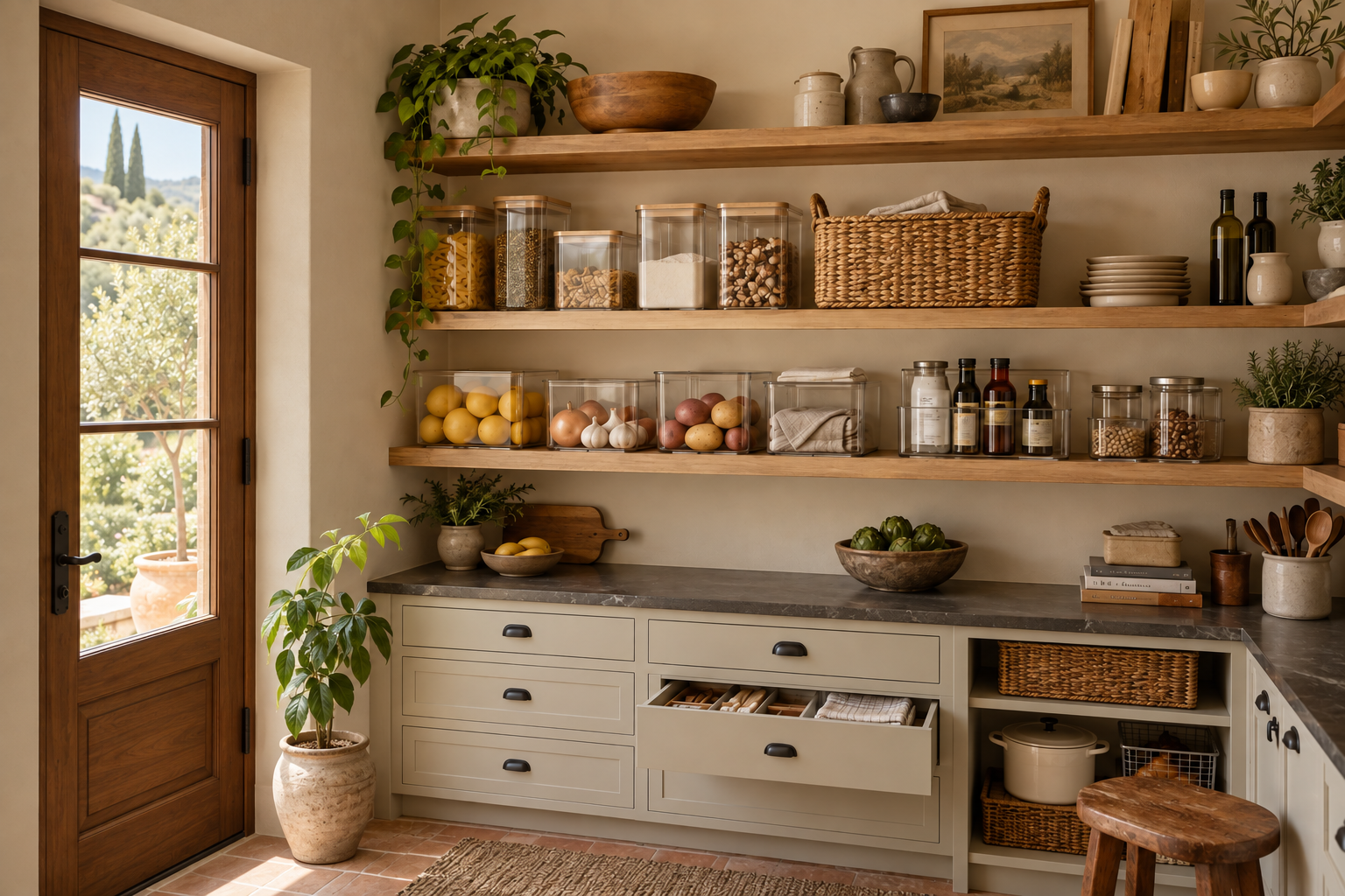 Organized pantry with clear bins, woven baskets, and a wooden door set into a plaster wall