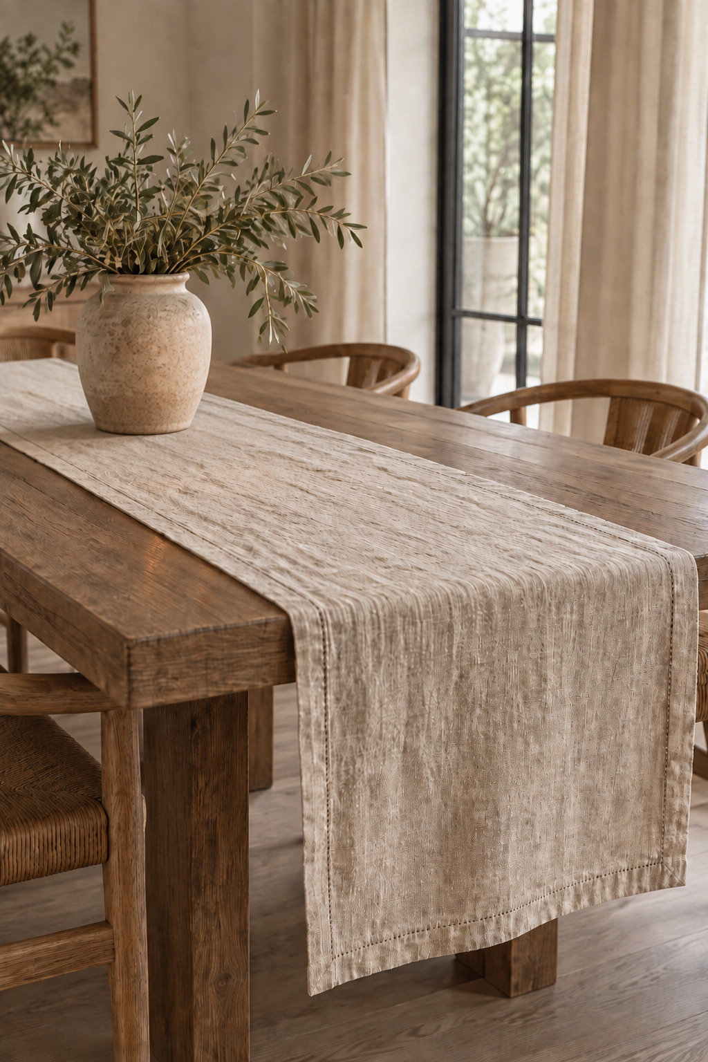 Natural linen table runner on a warm wooden dining table