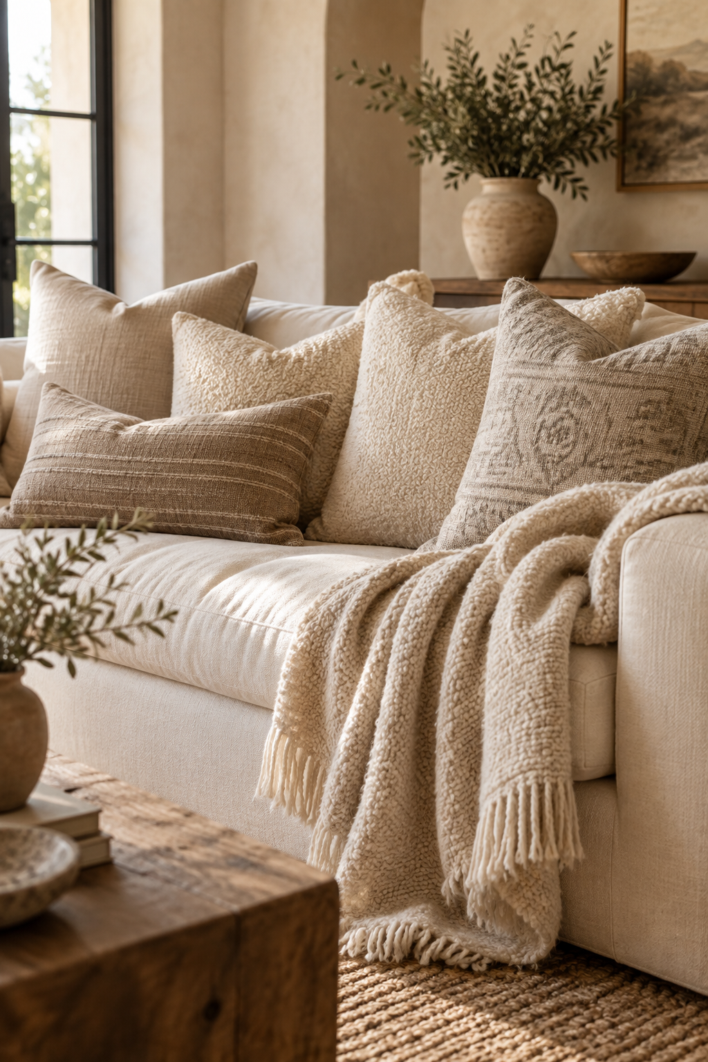 Layered neutral pillows and a textured throw on a sofa