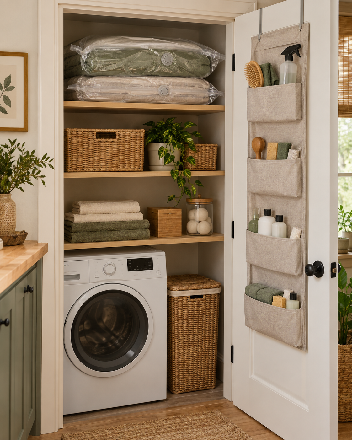 Vacuum storage bags and a discreet over-the-door utility organizer