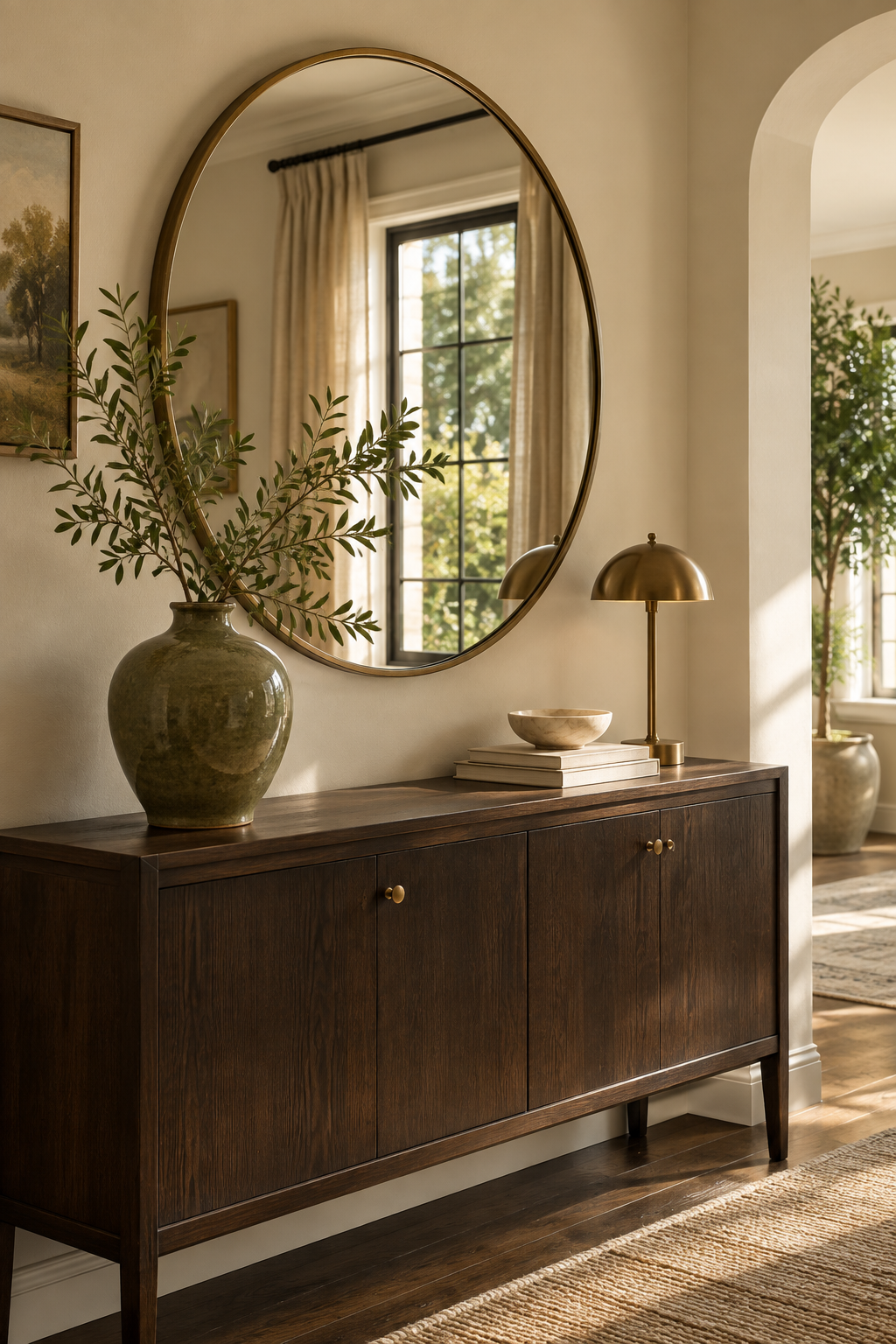 Warm off-white room with a strategically placed mirror and subtly reflective finishes
