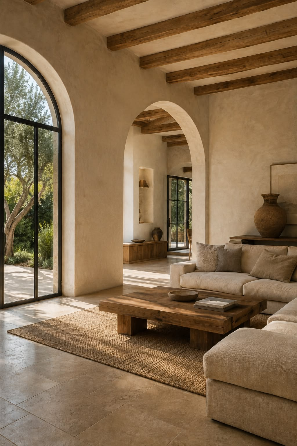 Warm stone-look porcelain flooring in a Mediterranean-style living room
