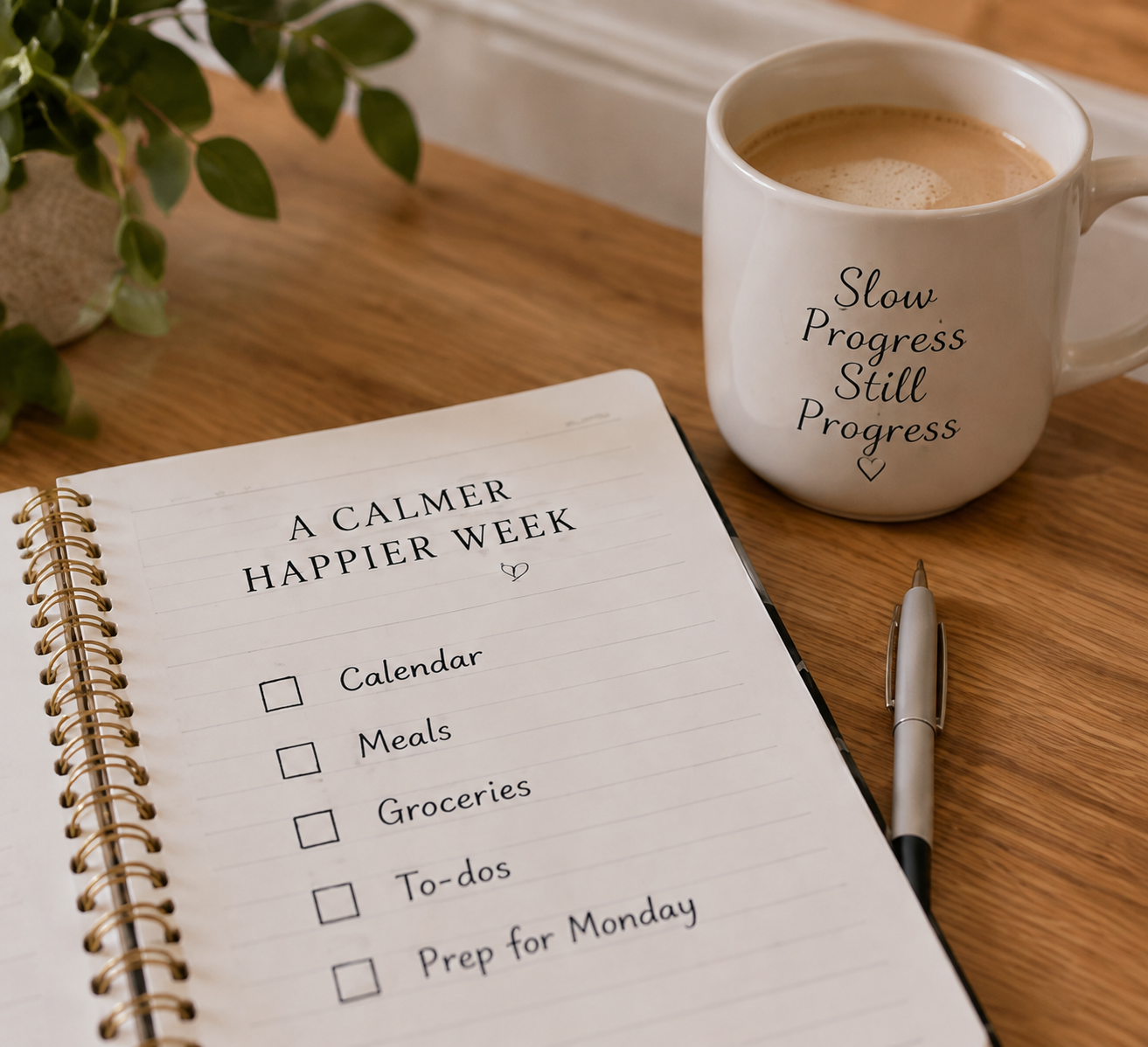 Weekly planner beside a warm drink for a simple Sunday planning session