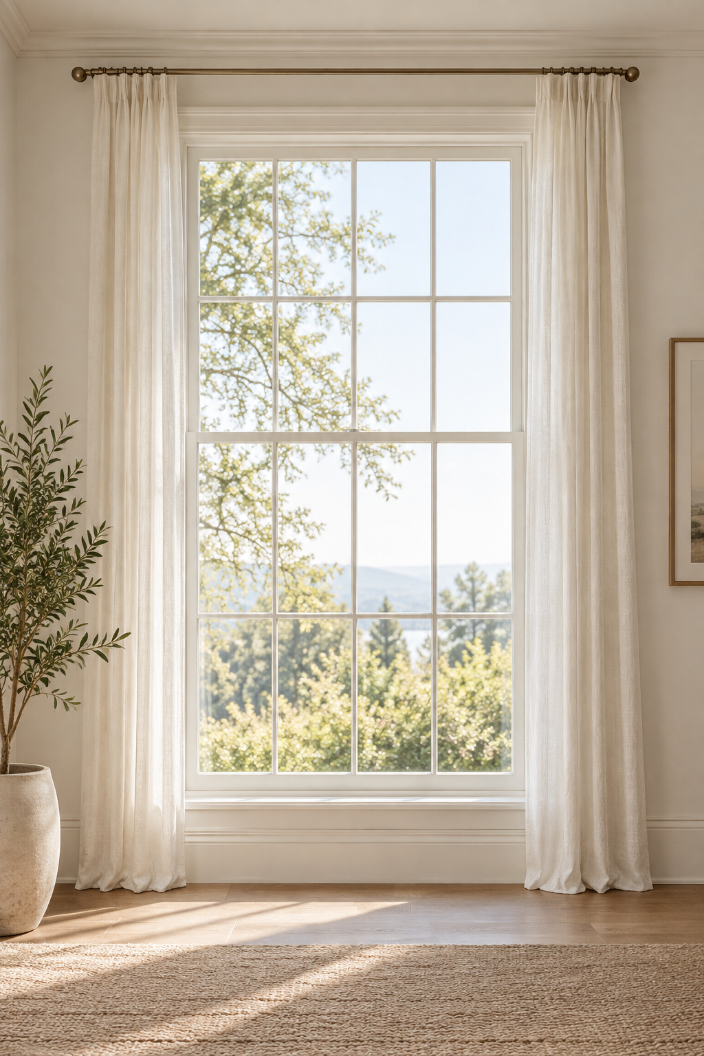 Floor-length linen curtains hung high and wide to expose more of a bright window