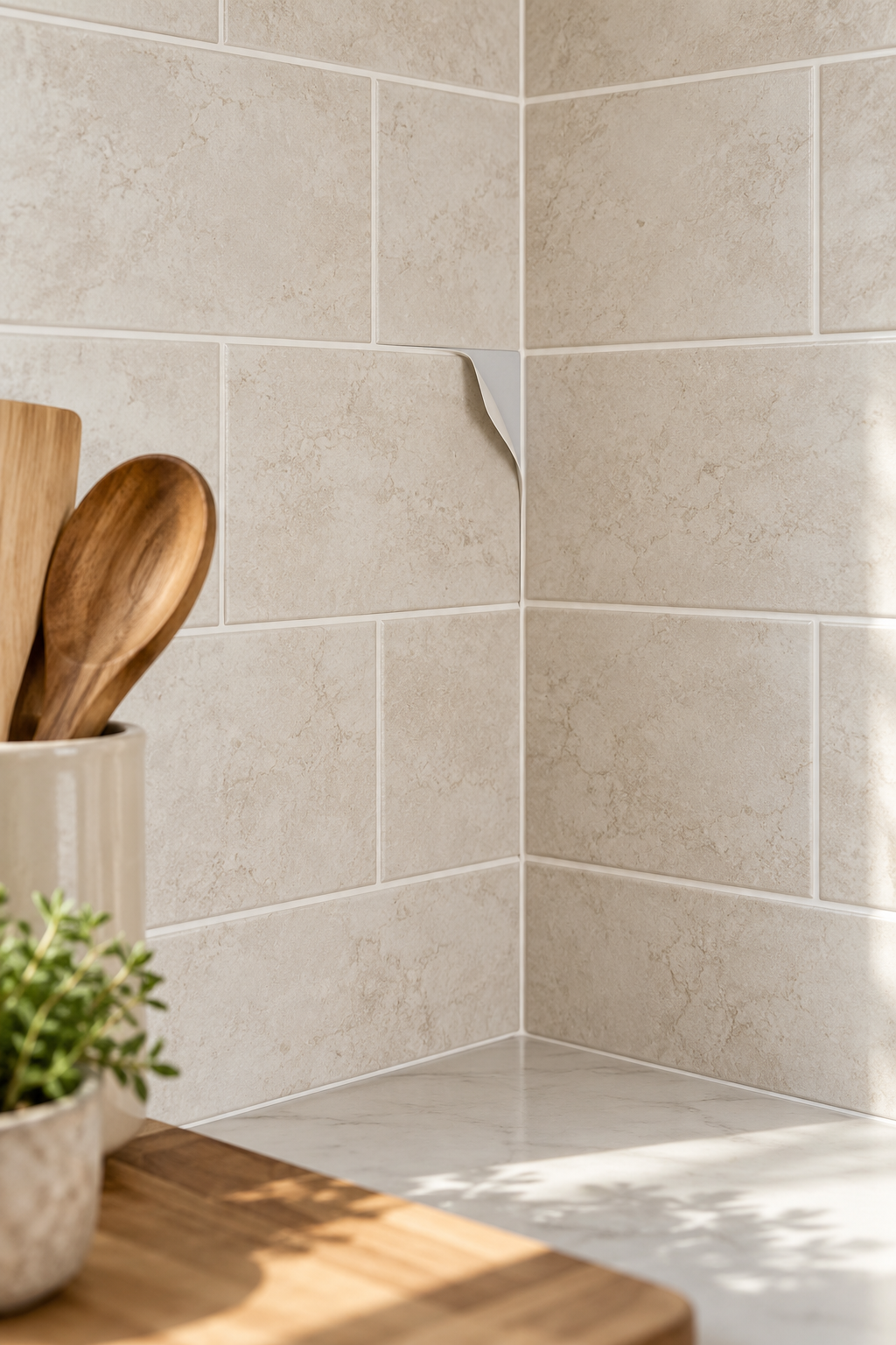 Close detail of a peel-and-stick tile edge showing adhesion on a kitchen wall