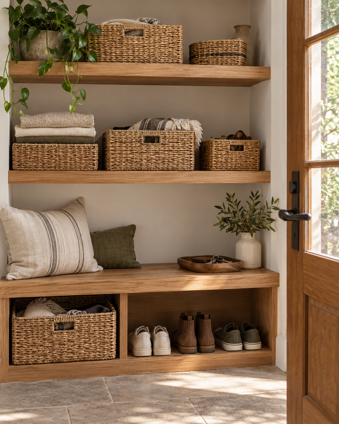 Woven baskets used as practical visual camouflage in a warm entryway