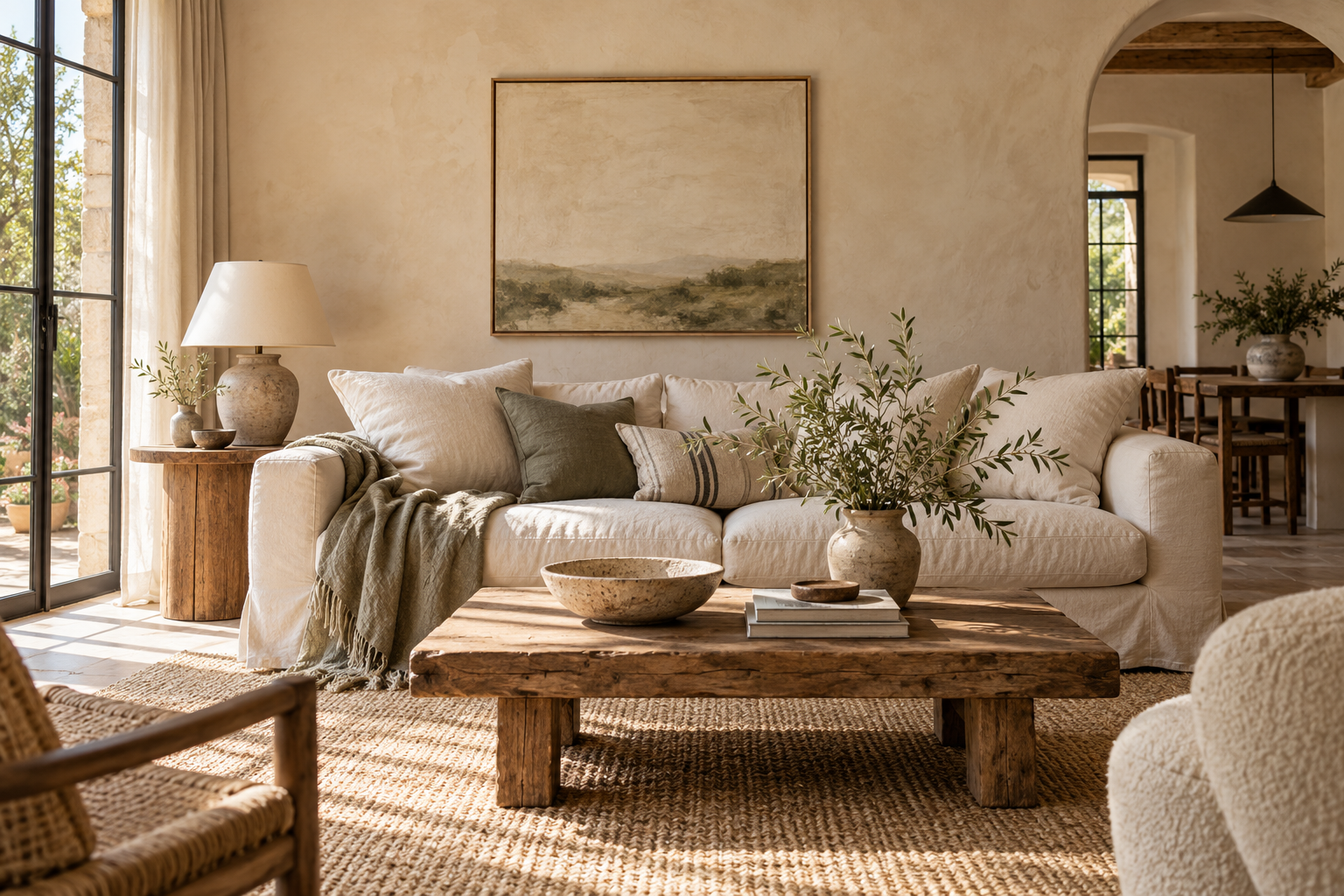 Warm Mediterranean living room with limewashed walls, linen sofa, natural wood and olive branches