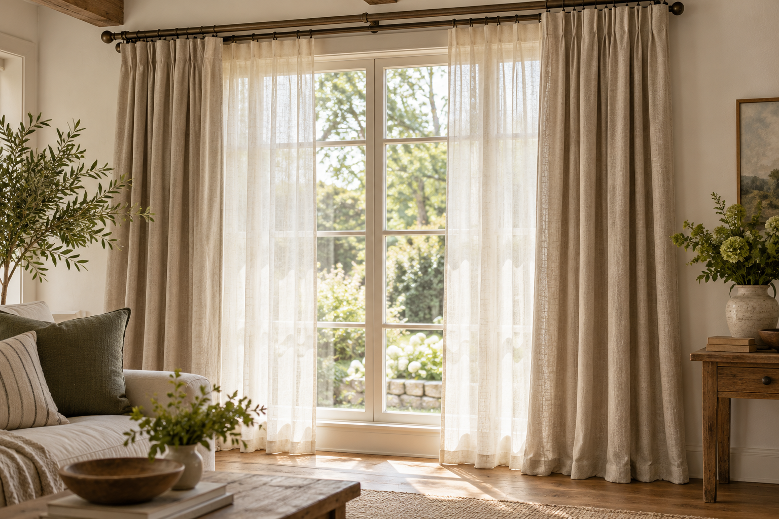 Double curtain rod with translucent ivory sheers and heavier natural linen curtains in a warm farmhouse living room