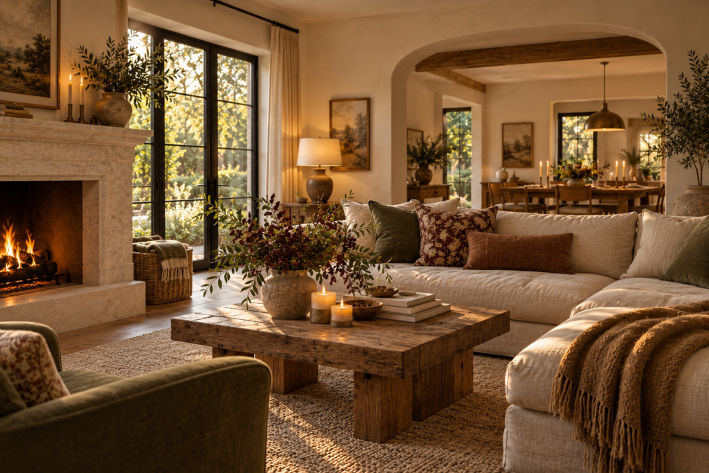 Warm Thanksgiving living room with a rustic coffee table, candlelight, autumn flowers and a dining area beyond