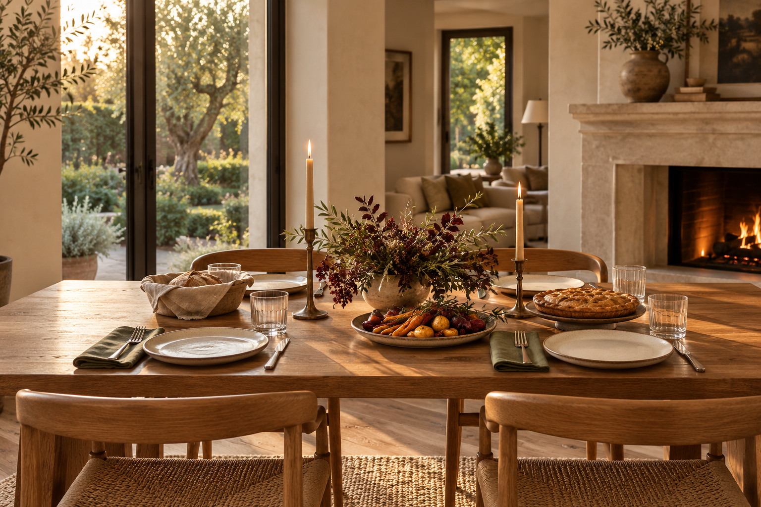 Warm Thanksgiving dining table with candles, autumn flowers, roasted vegetables and pie