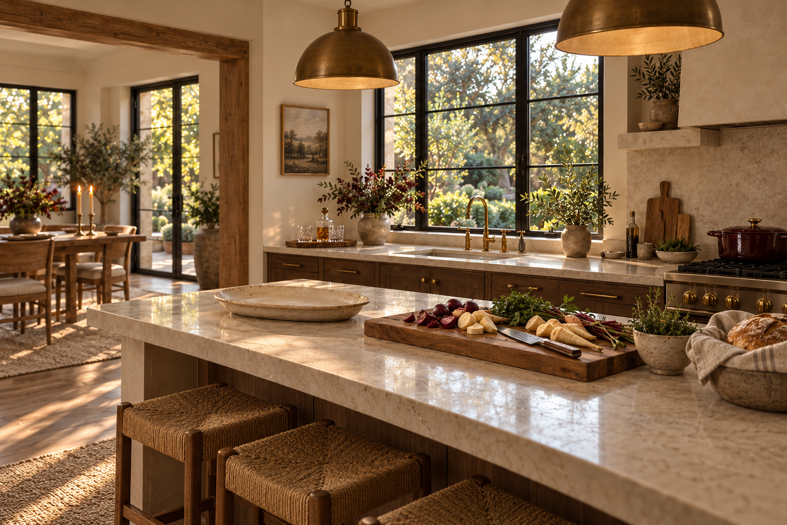 Warm Thanksgiving kitchen with a stone island, prepared vegetables, bread and seasonal branches