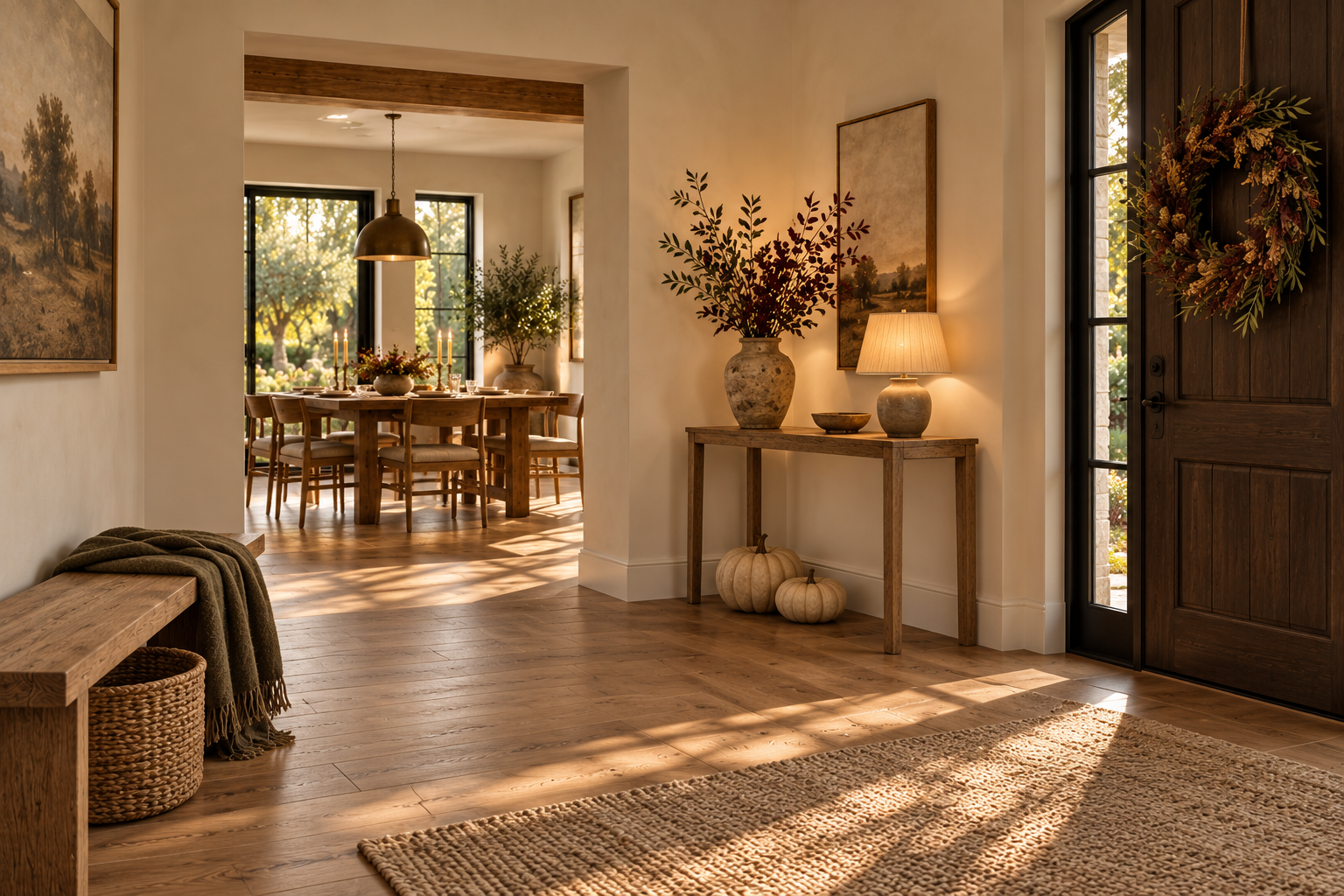 Welcoming Thanksgiving entryway with a wreath, autumn branches, warm lamp, bench and woven basket