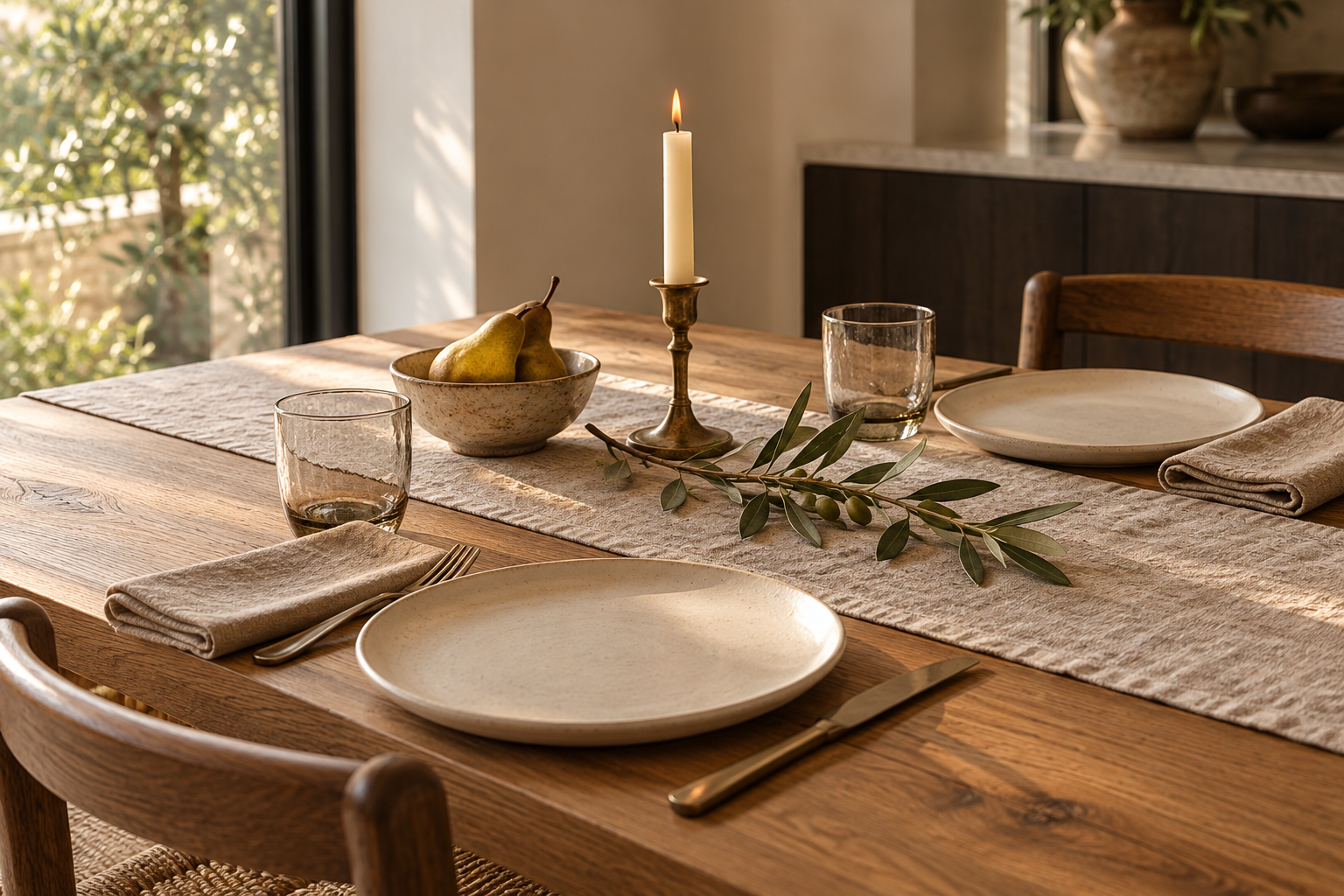 Simple Thanksgiving table setting with linen, ceramic plates, pears, olive branches and warm candlelight