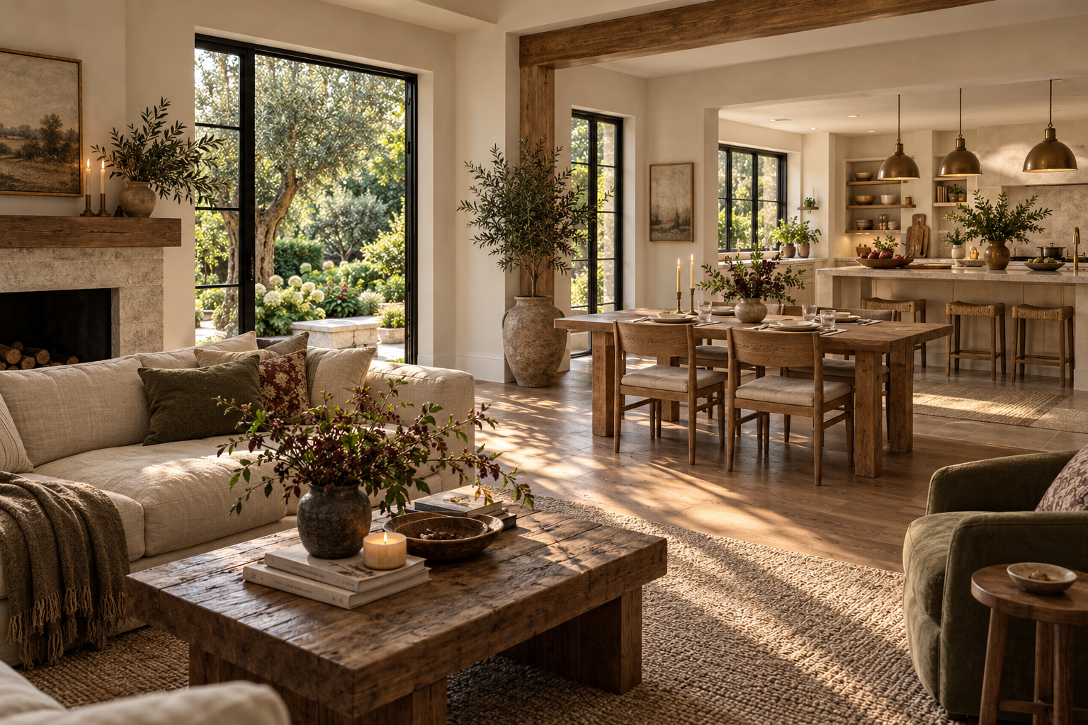 Open-plan Thanksgiving living room, dining room and kitchen in warm natural tones