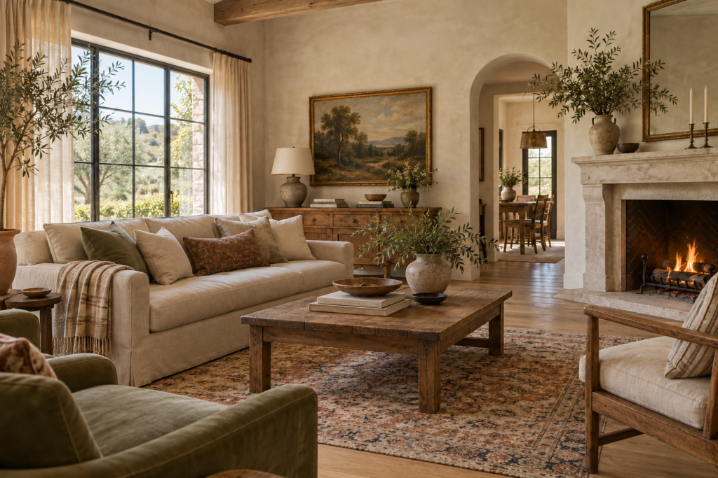 Timeless farmhouse living room with natural wood, linen seating, a muted patterned rug, landscape art and gathered olive branches