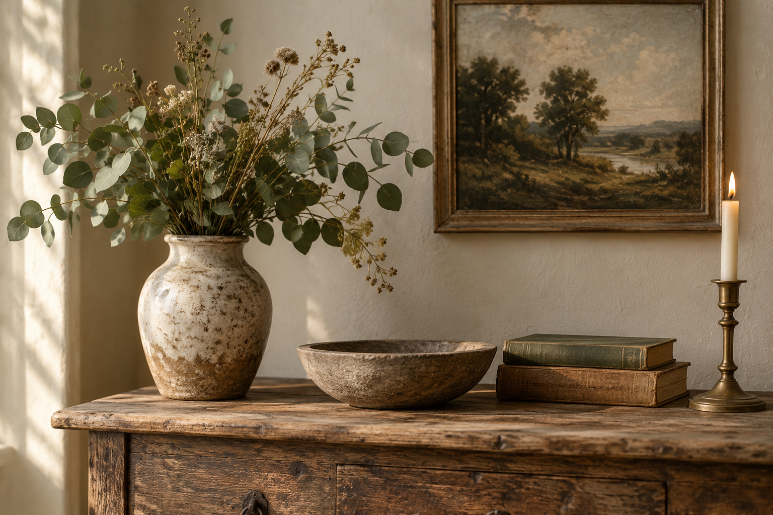 Rustic ceramic vessel filled with fresh eucalyptus and dried field stems beneath a muted landscape painting