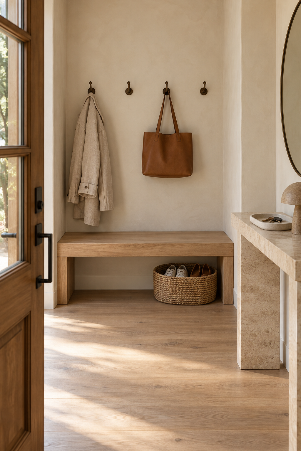 Organic modern beige entryway prepared for guests