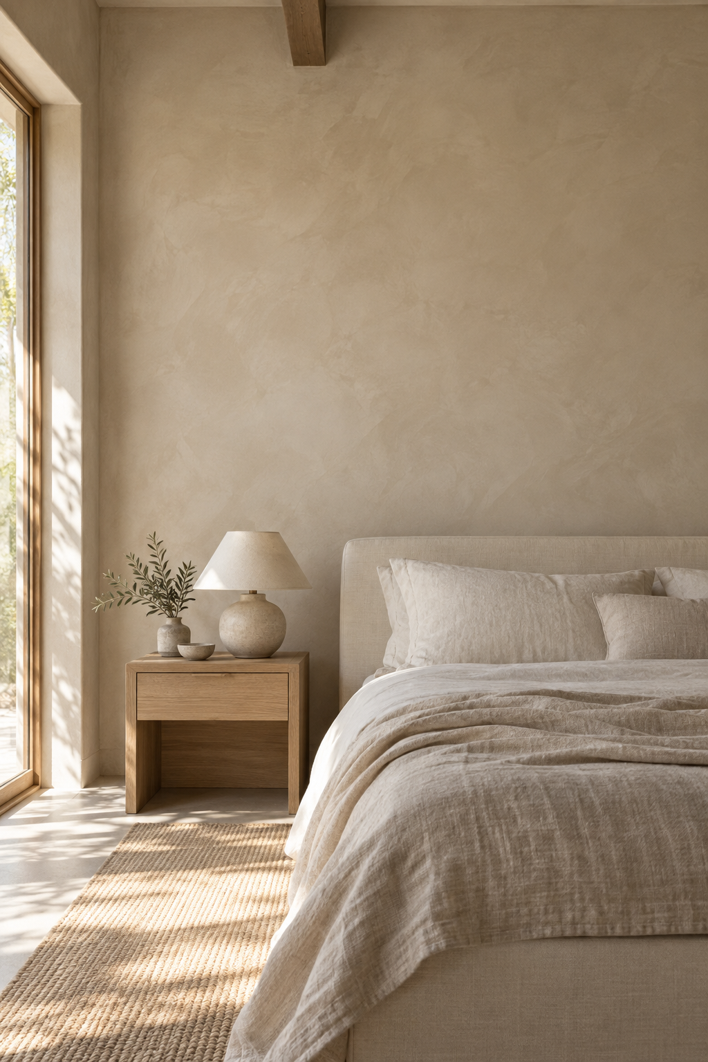 Calm bedroom with soft warm limewash walls and natural light