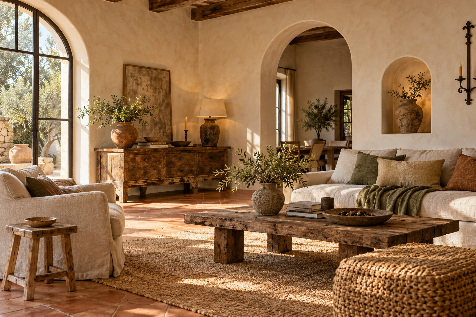 Warm Mediterranean living room with plaster arches, aged wood, terracotta, handmade pottery and woven textures