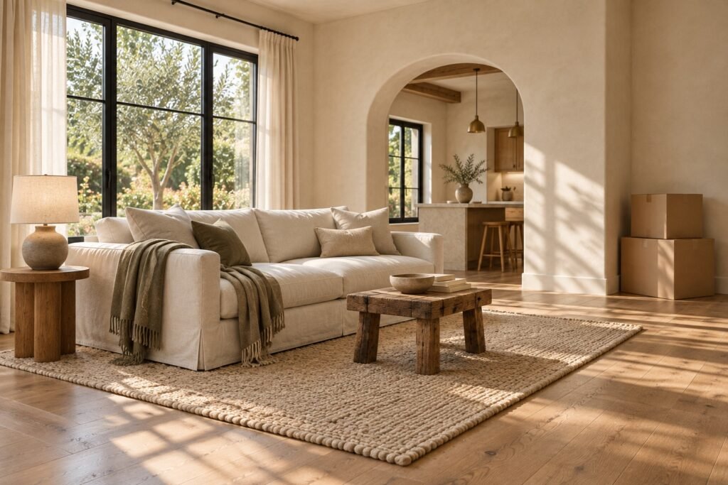 Bright new living room furnished with essential seating, lighting and three closed moving boxes