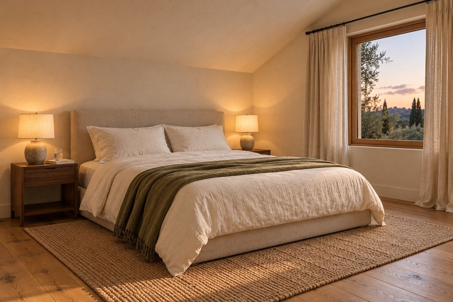 Simple first-night bedroom with a comfortable bed, two lamps and full-length curtains