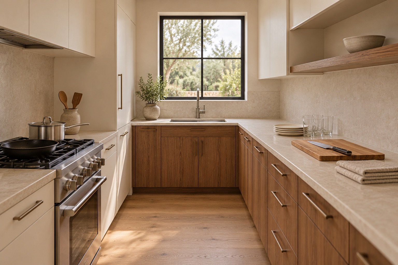 Compact kitchen counter arranged with essential cookware, dishes, glasses and a cutting board