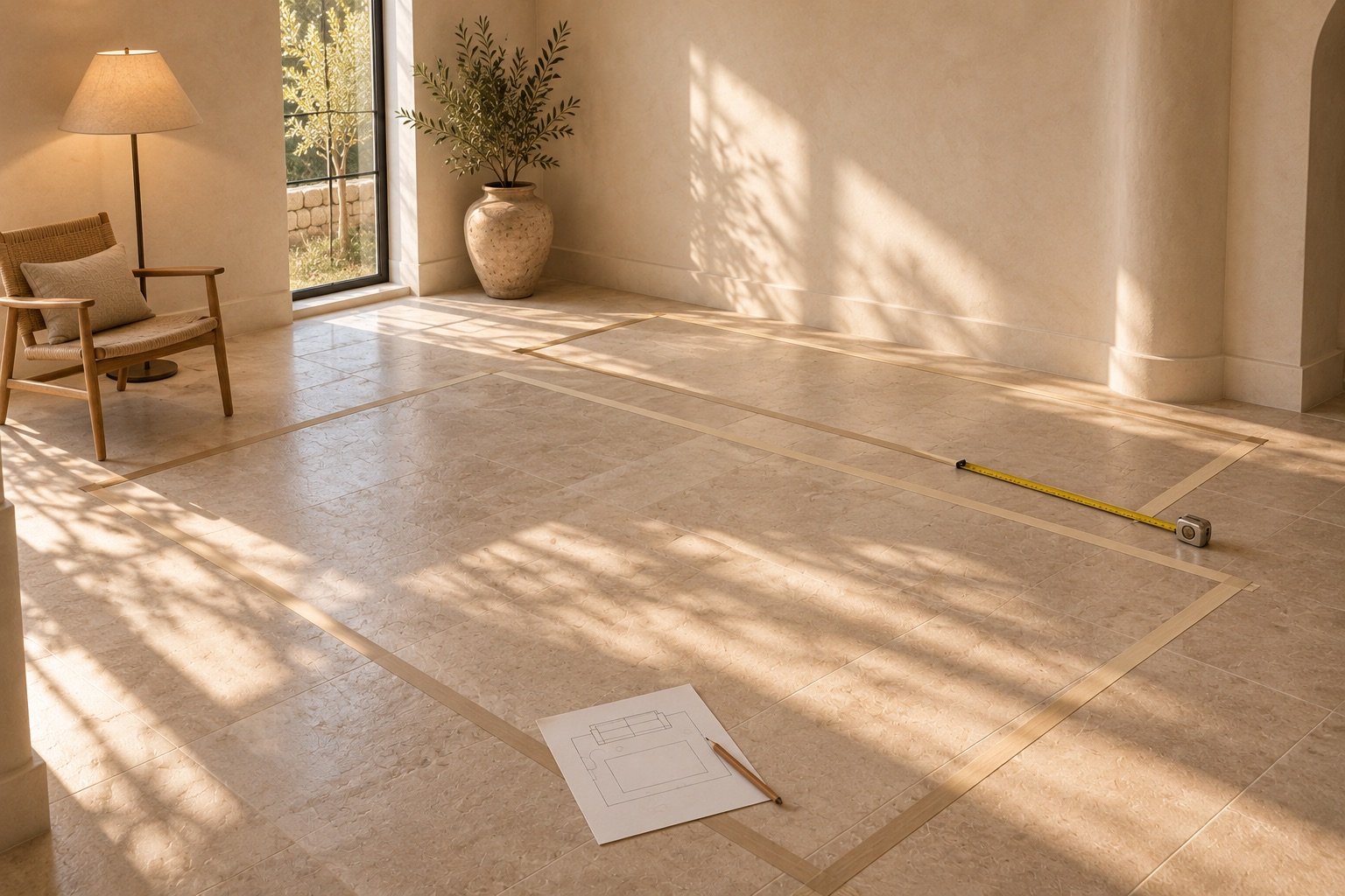 Painter tape outlines a sofa and rug footprint on the floor before buying furniture