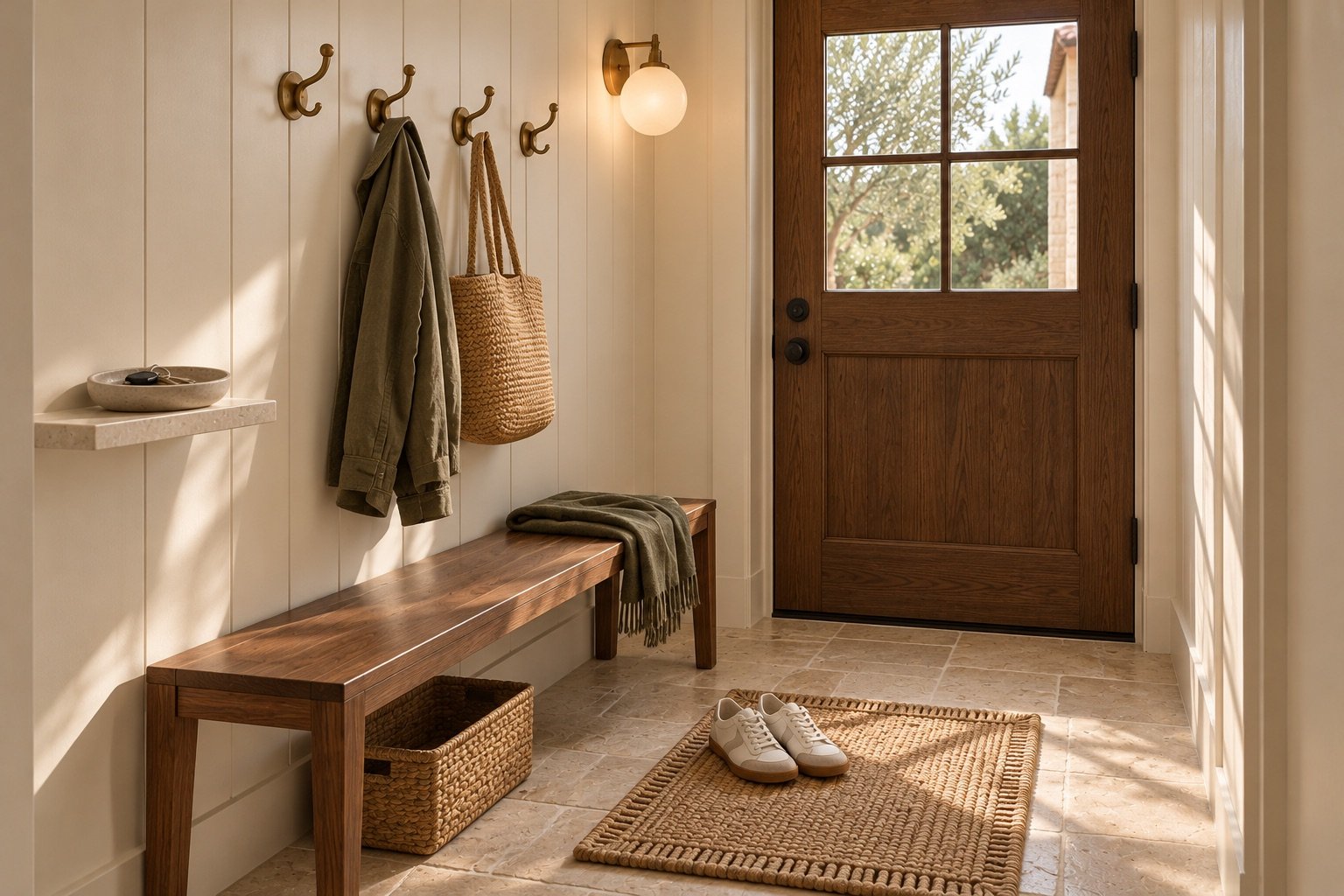 Small functional entryway with hooks, a bench, key tray, basket and shoe zone