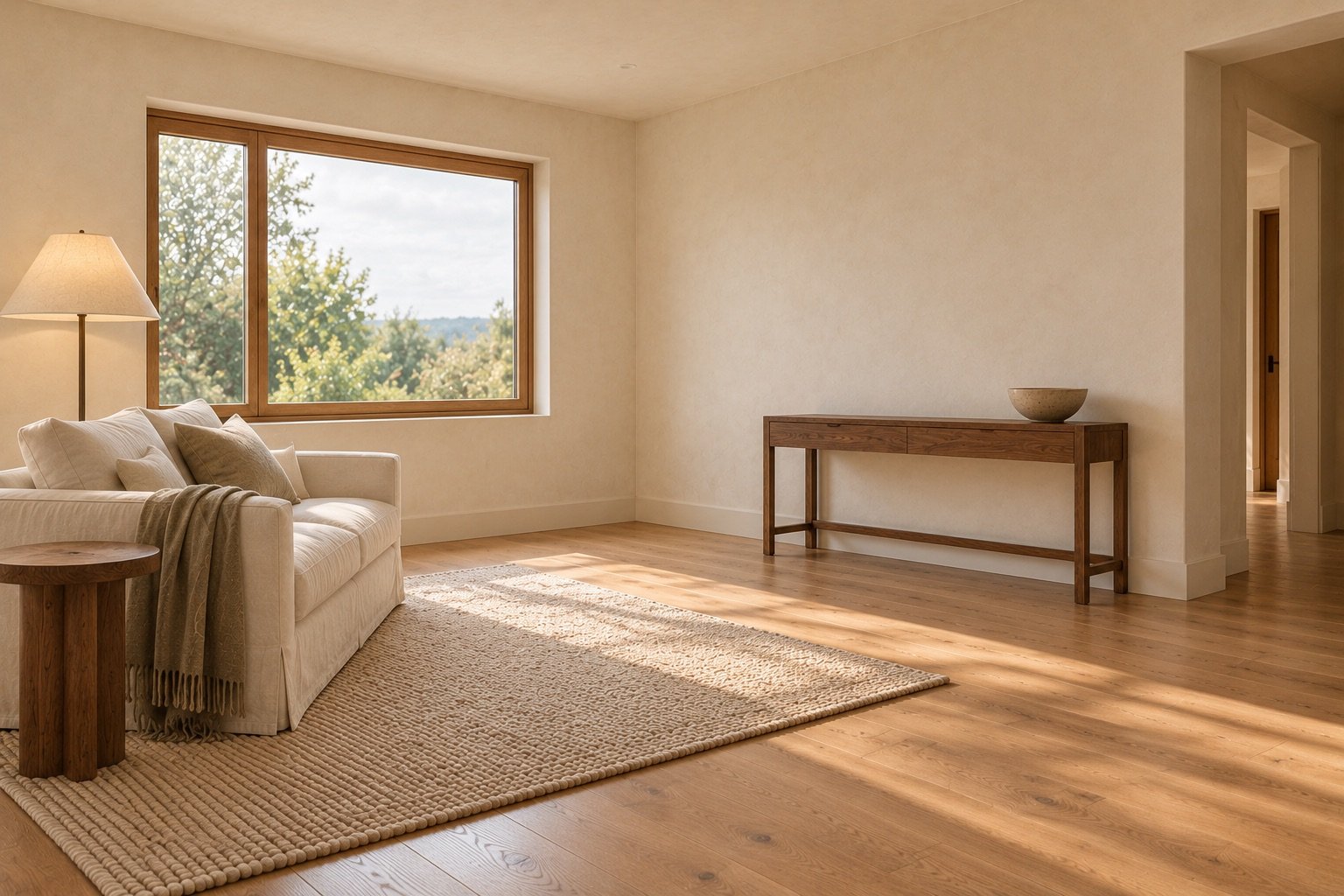 Calm living room with an intentionally empty wall and open corner before adding decor