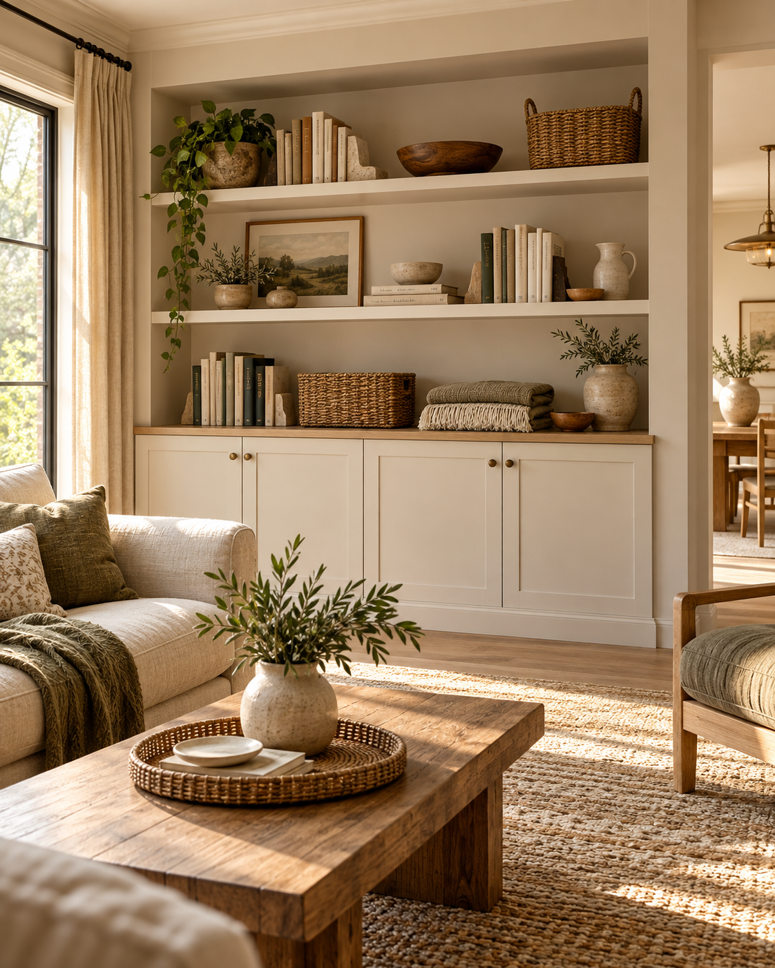 Living room combining open shelves with closed lower cabinets