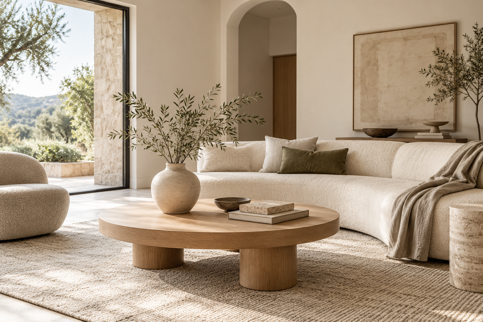 Serene Organic Modern living room with sculptural neutral seating, pale oak, travertine and soft natural textures