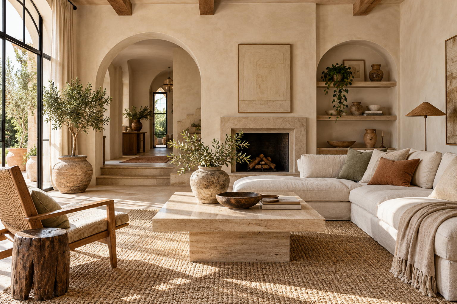 Living room blending Organic Modern and Mediterranean interior styles with warm plaster, linen, travertine and aged wood