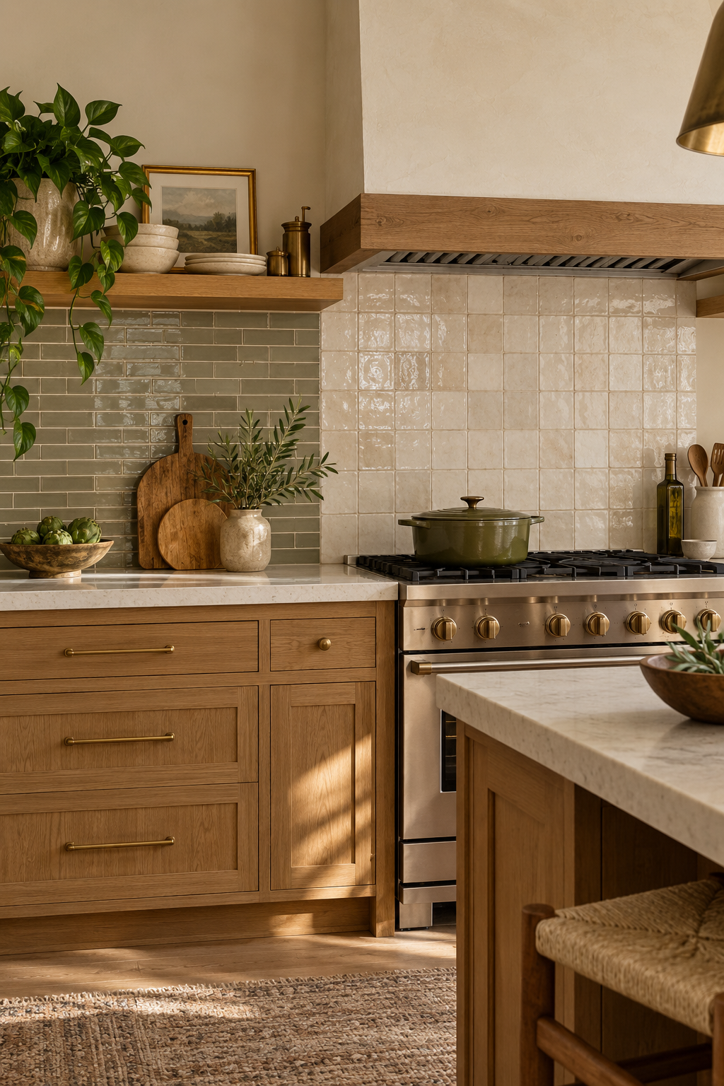Kitchen using decorative peel-and-stick tile away from the stove and traditional tile in the cooking zone