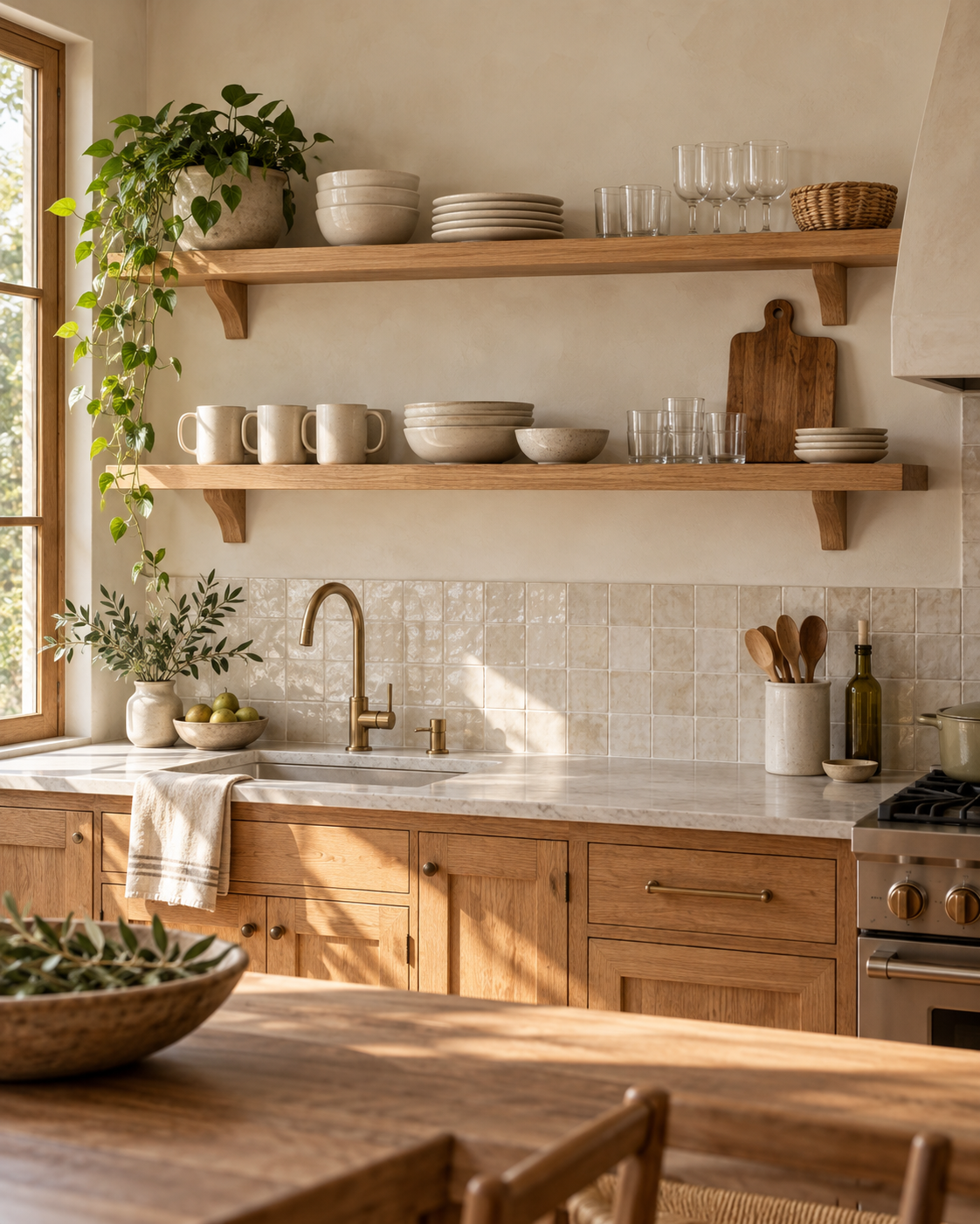 Practical open kitchen shelves with everyday dishes and intentional empty space