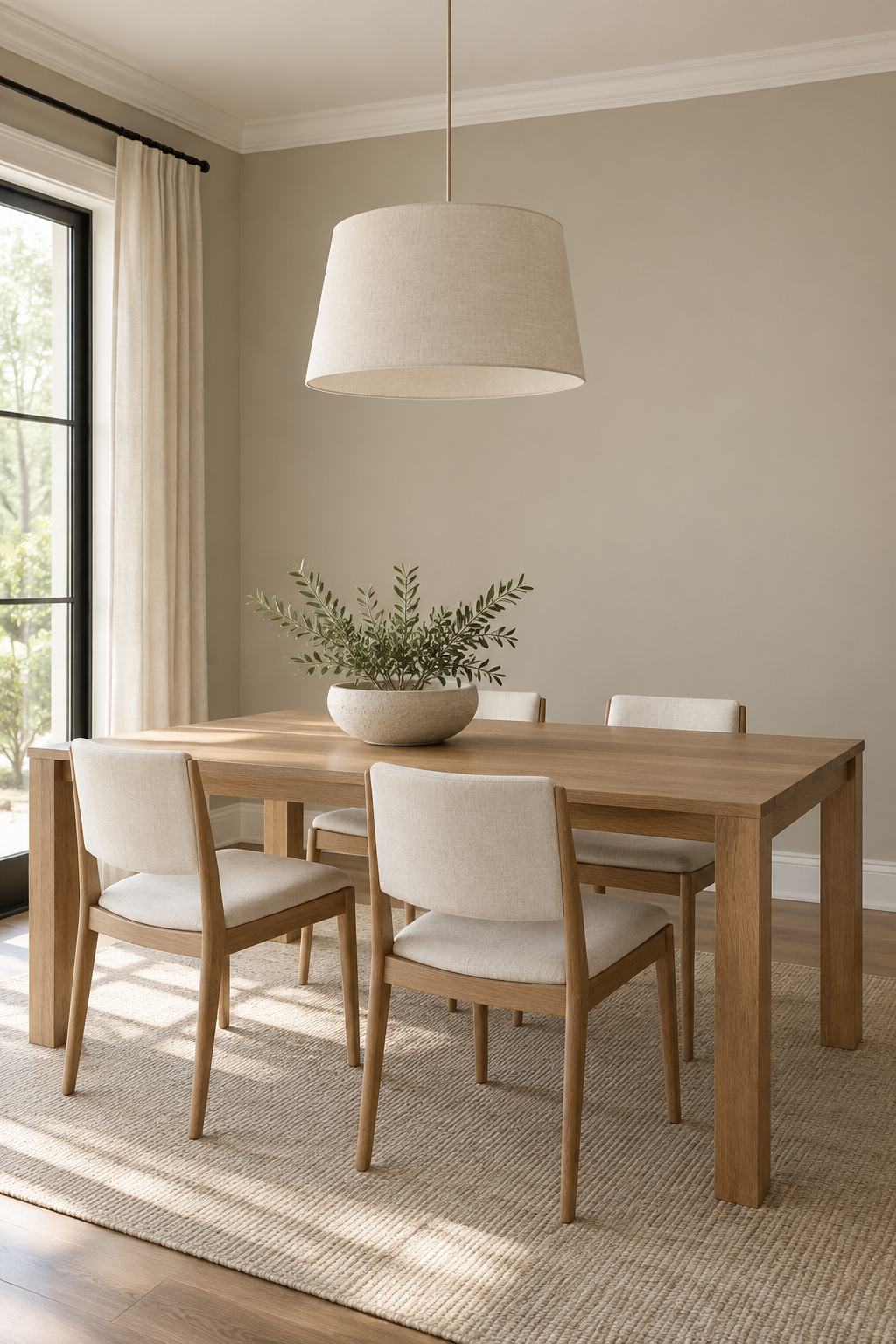 Warm organic-modern dining room with a smooth regular painted wall