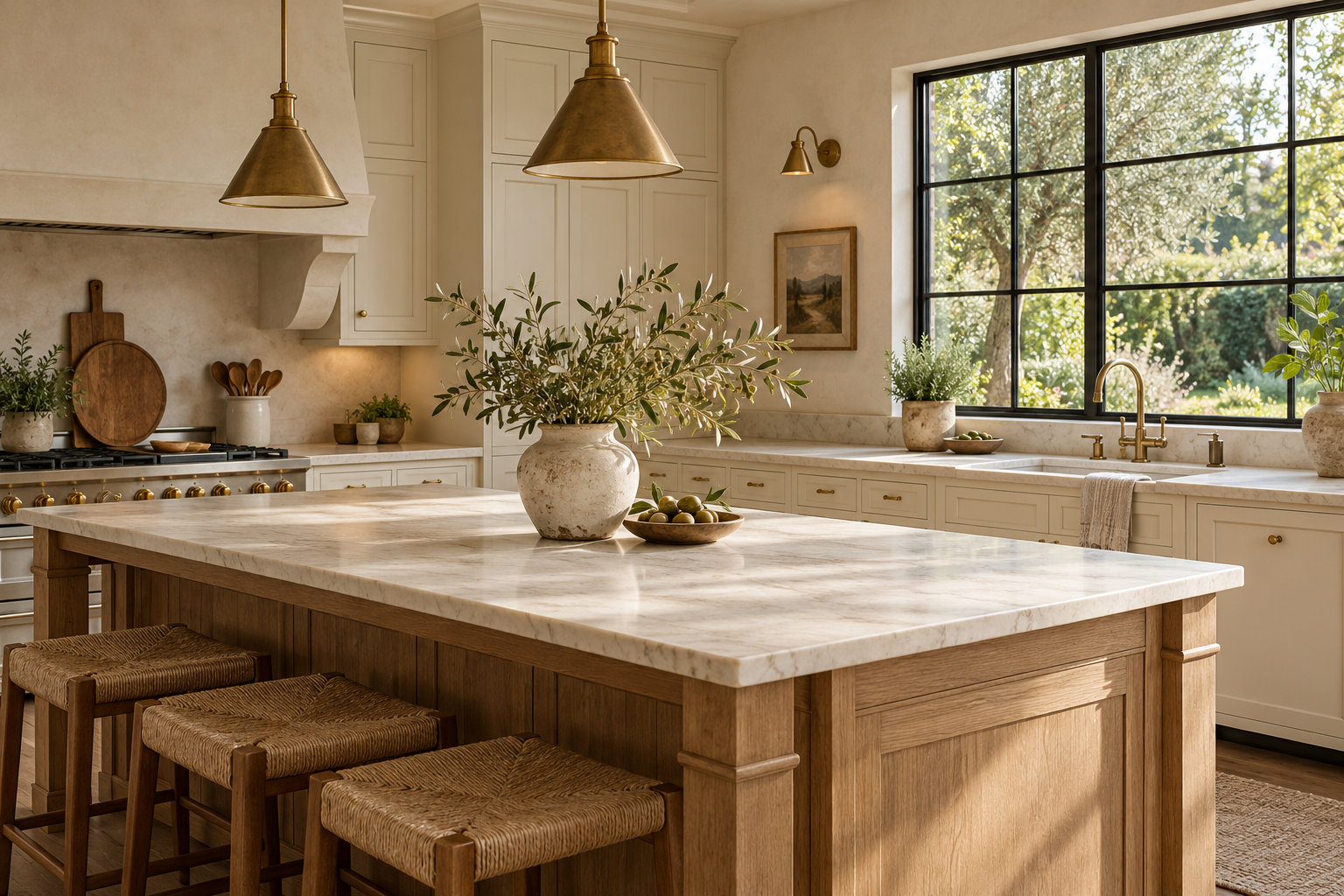 Warm cream kitchen with pale stone countertops, an oak island, brass details, and a garden view.
