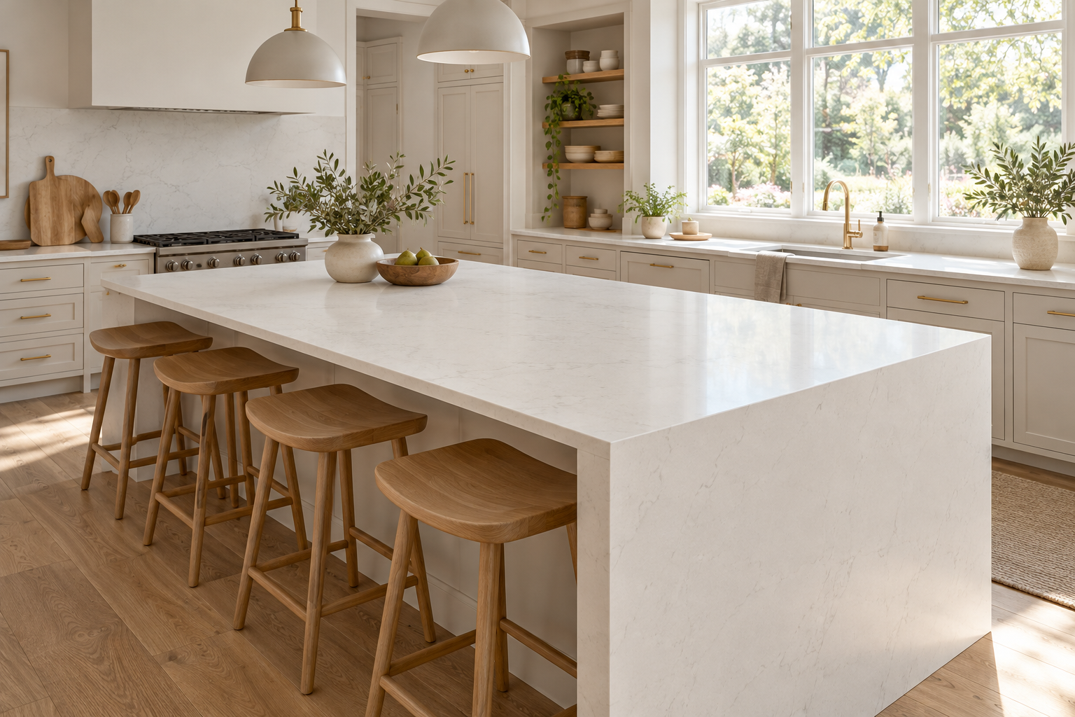 Bright cream kitchen with a subtle white engineered quartz-style waterfall island.