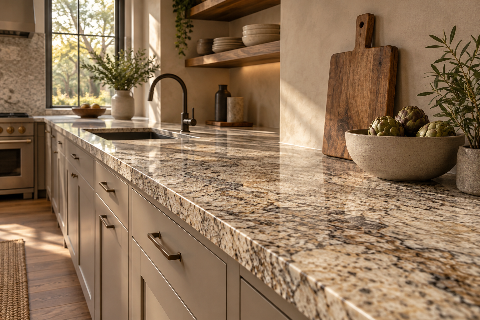 Warm kitchen counter with beige and taupe natural granite-style variation.