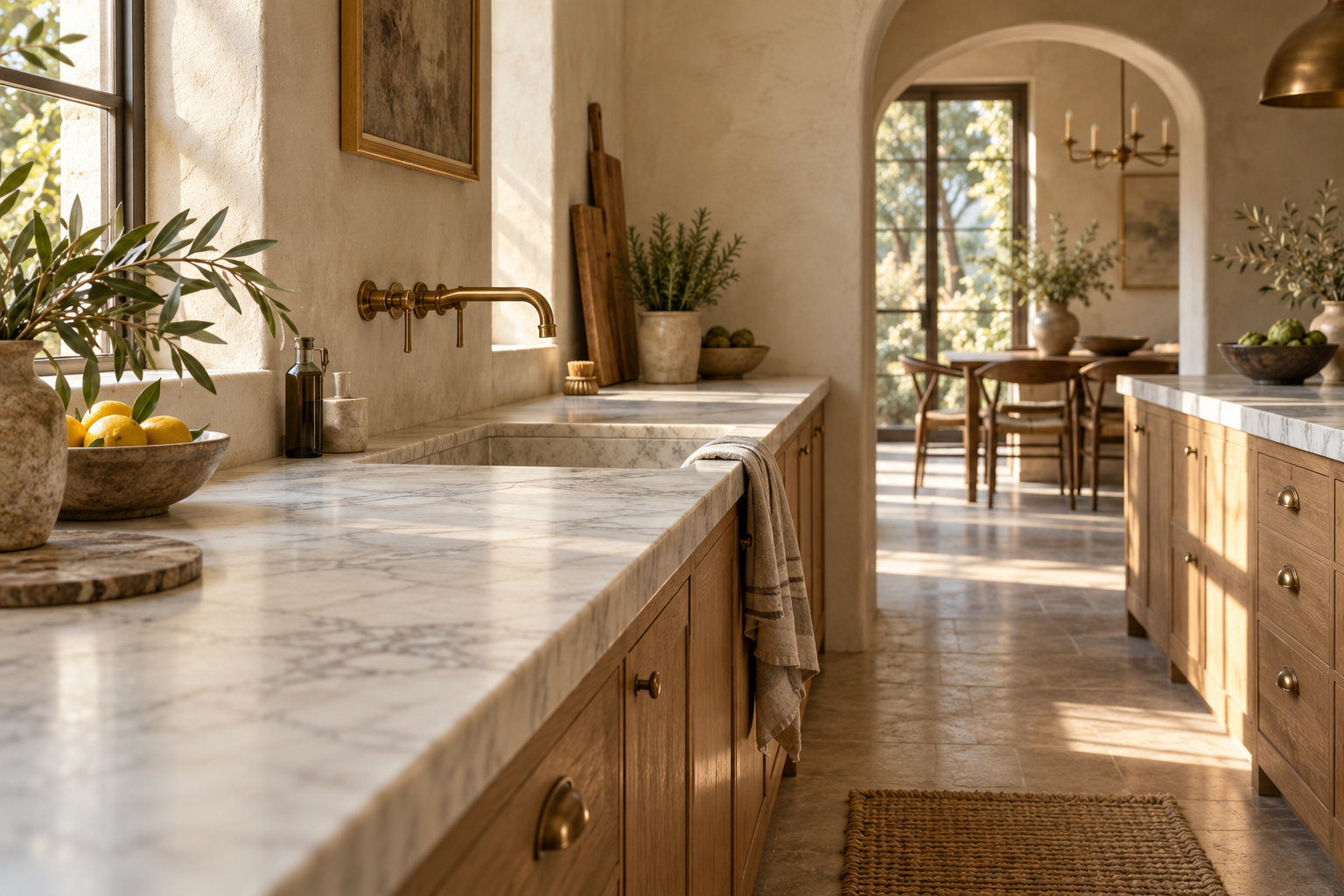 Mediterranean kitchen with honed pale marble counters, oak cabinetry, and an arched doorway.