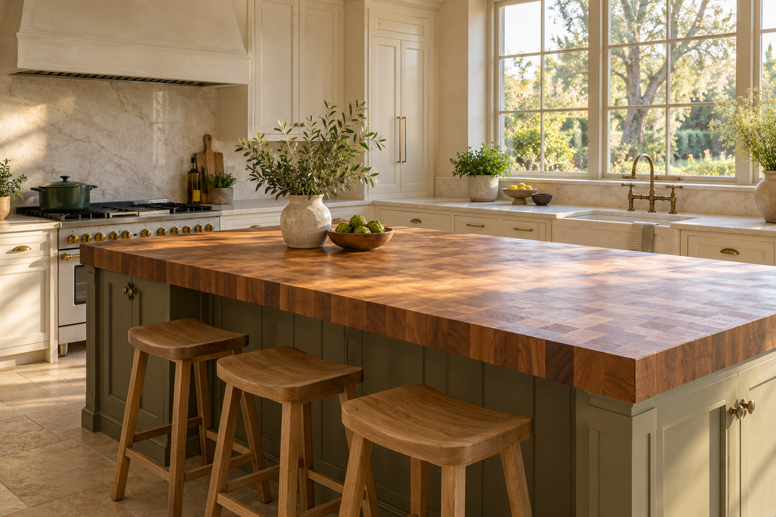 Farmhouse kitchen with a butcher block island and pale stone perimeter counters.