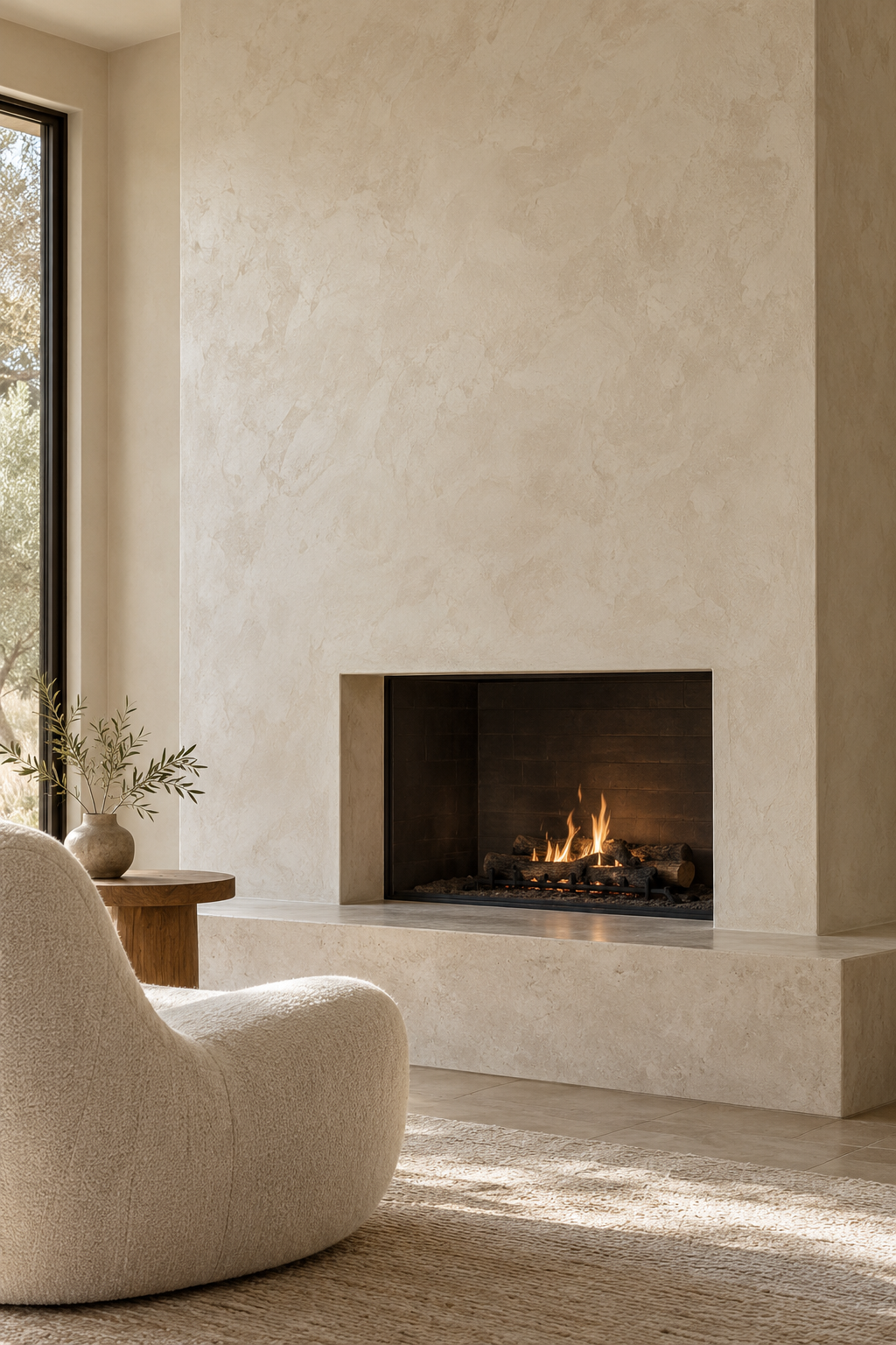 Minimal organic-modern fireplace finished in warm Venetian plaster