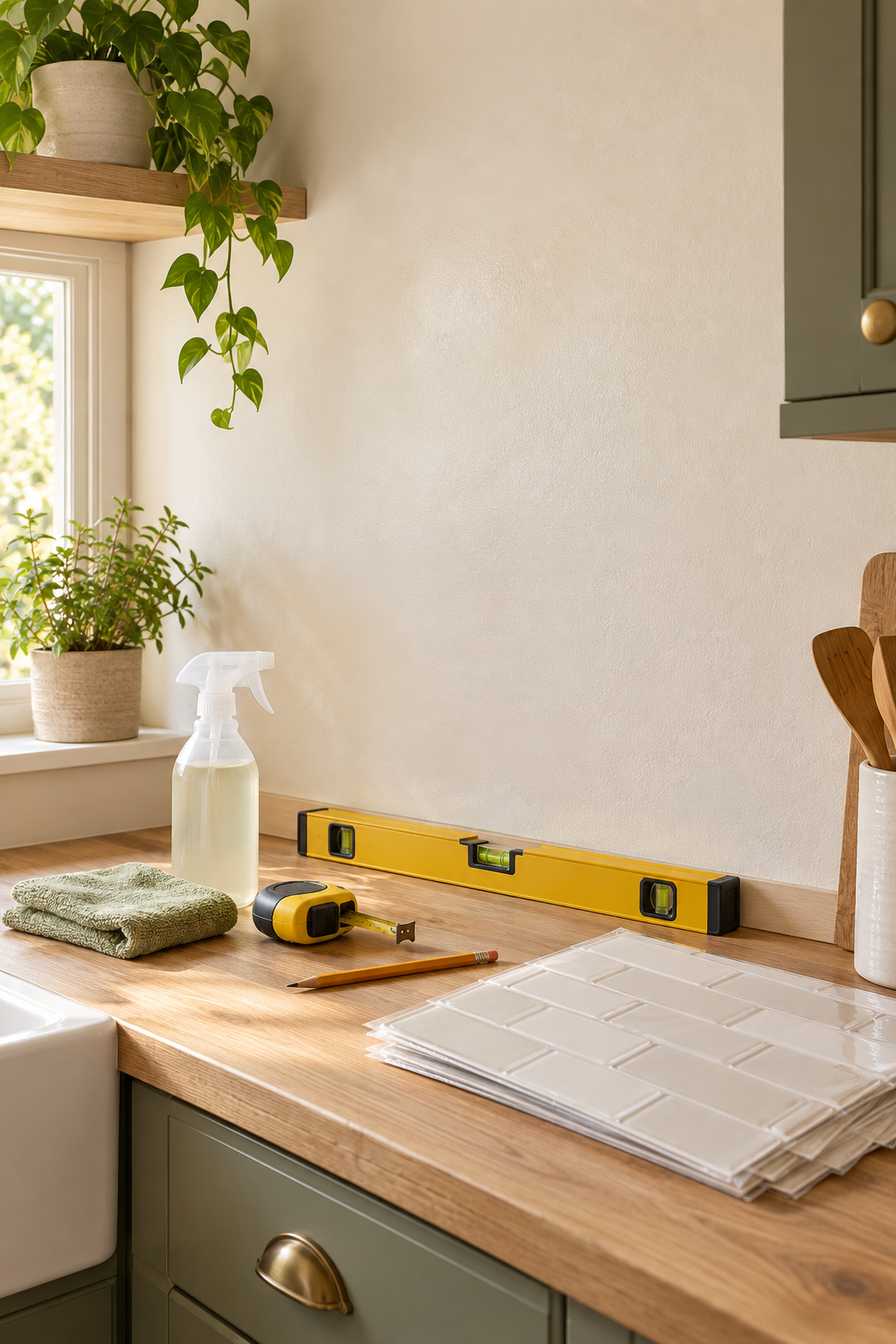 Clean kitchen wall prepared with measuring and cleaning tools for peel-and-stick tile